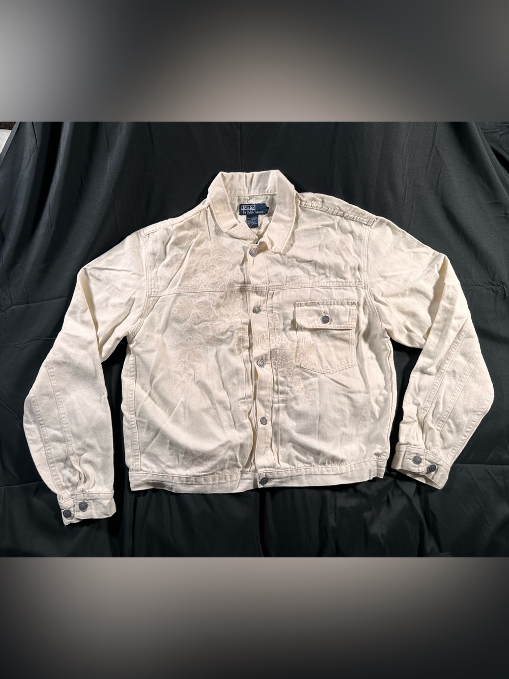 Polo Ralph Lauren Hemp Blend Eggshell White Trucker Jacket Embroidered Floral XL